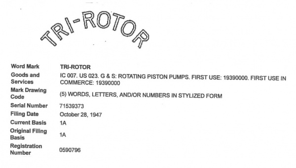 Tri-Rotor 1947 rotary piston pump trademark 
