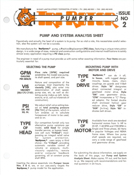 Tri-Rotor Pumper Issue No 2 Pump And System Analysis Sheet
